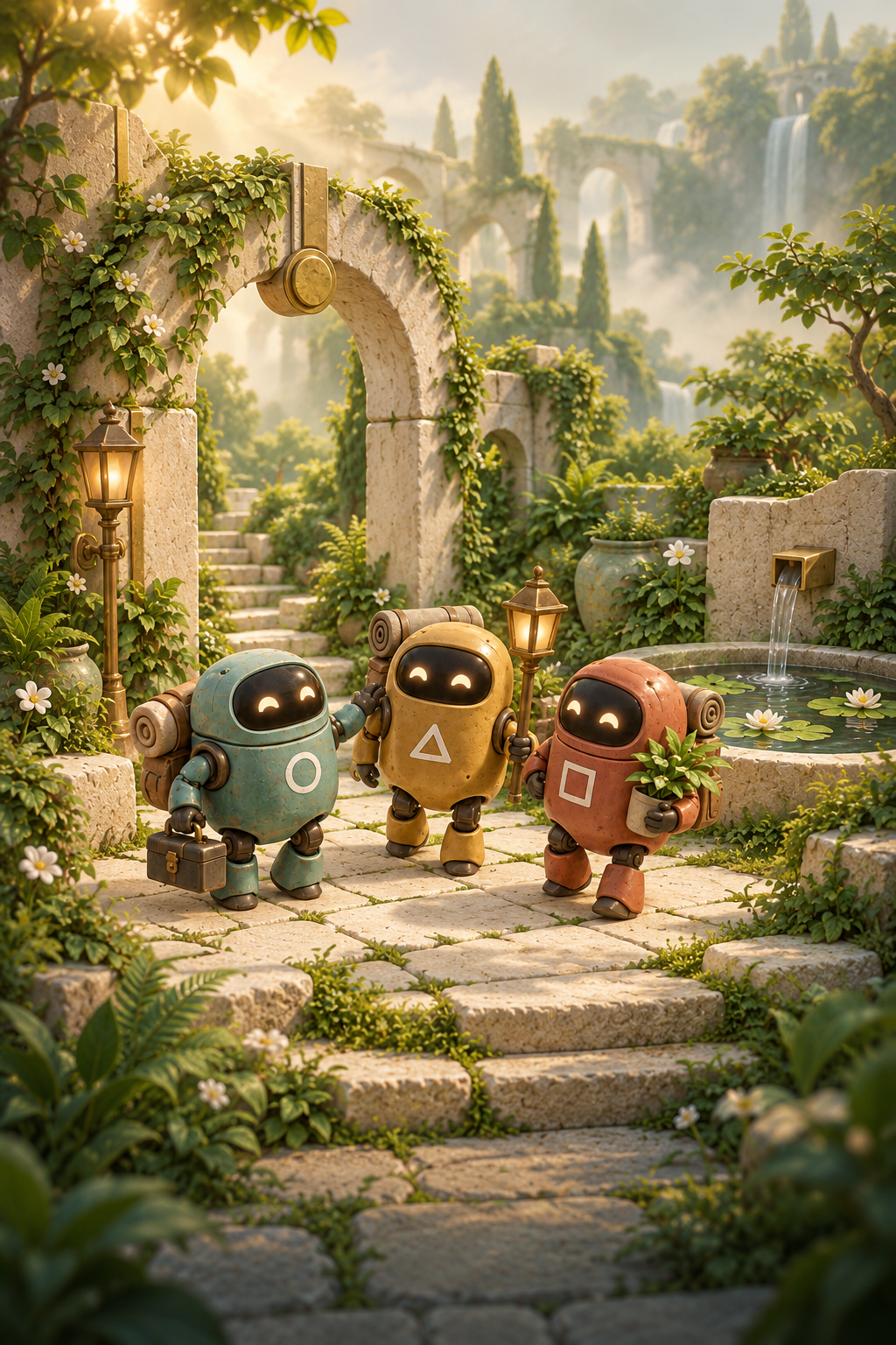 Three small blue, yellow and coral robots together in a sunlit garden of stone arches and flowing water.